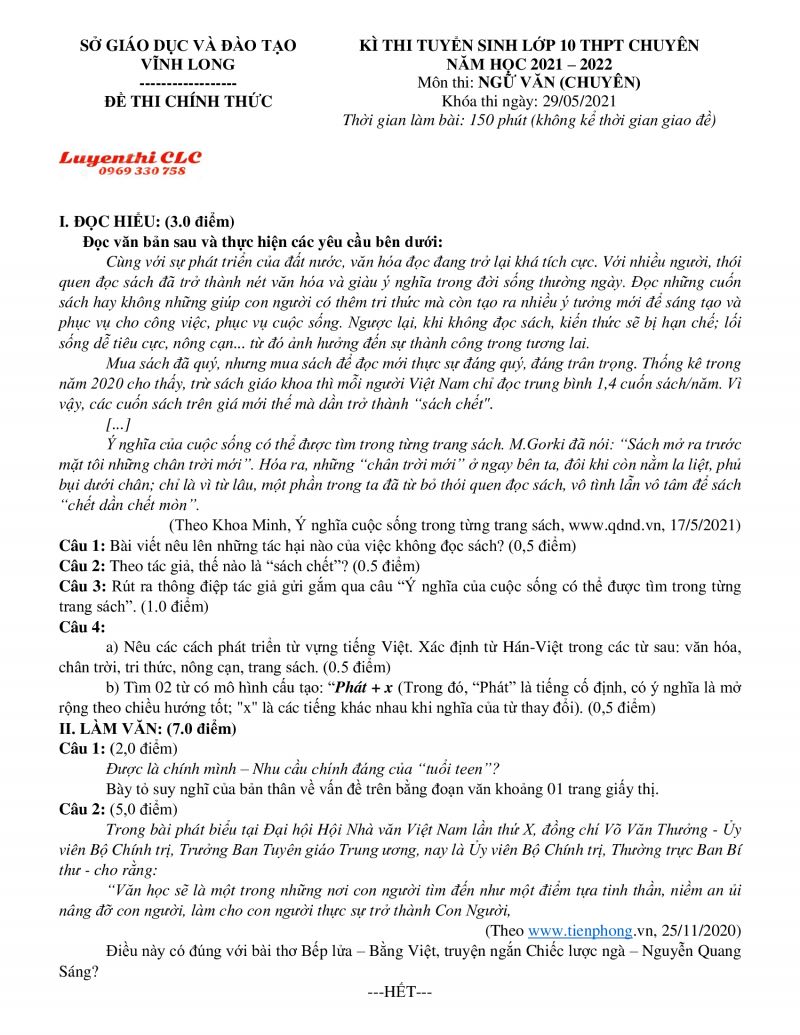 Đề thi tuyển sinh vào lớp 10 THPT CHUYÊN môn Ngữ Văn tỉnh Vĩnh Long năm 2021