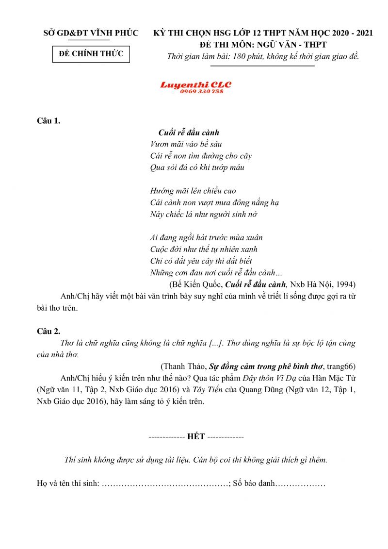 Đề thi chọn HSG m&ocirc;n Ngữ Văn lớp 12 THPT tỉnh Vĩnh Ph&uacute;c năm 2020