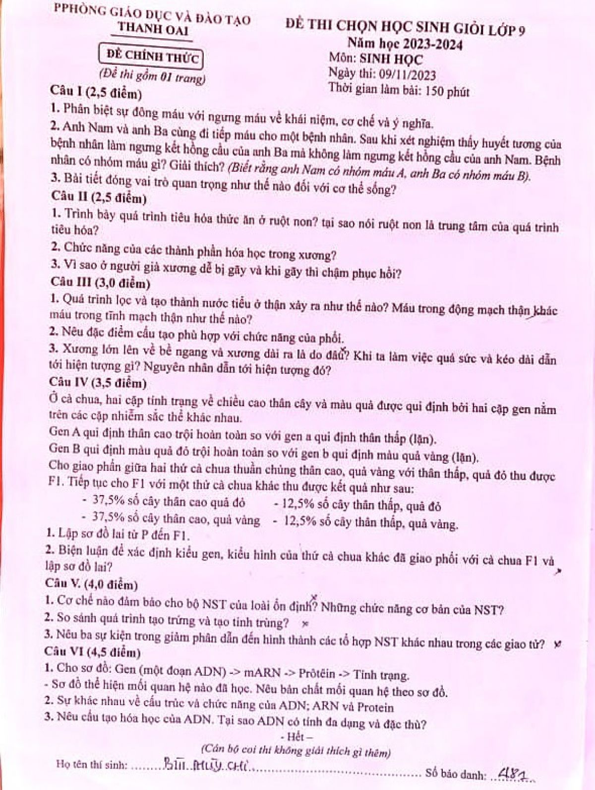 Đề thi chọn HSG môn Sinh học lớp 9 huyện Thanh Oai, Hà Nội năm 2023