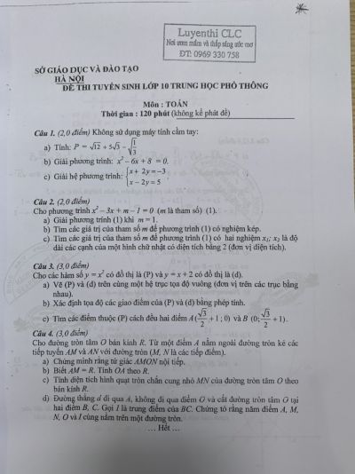 Một số đề thi tuyển sinh vào lớp 10 môn Toán tại Hà Nội
