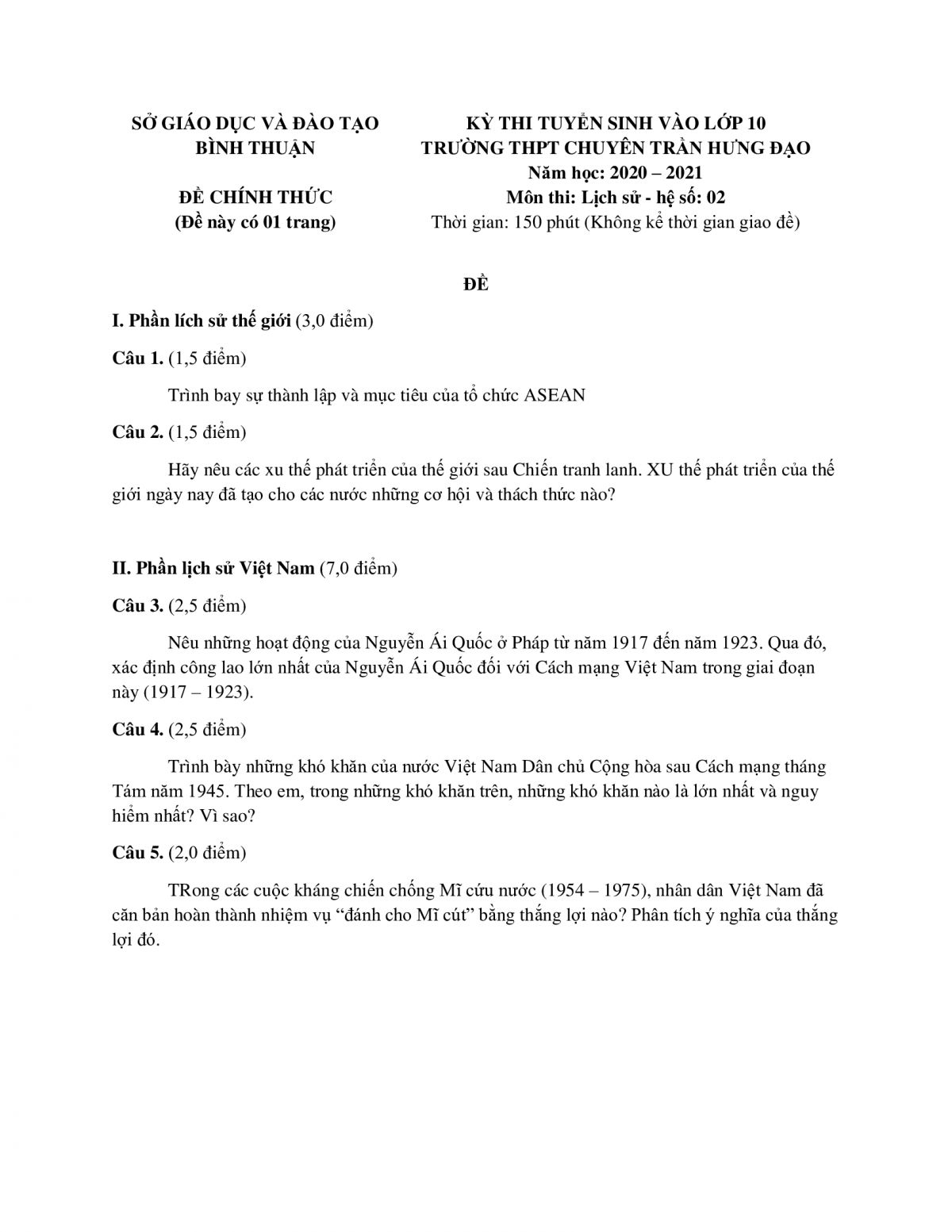 Đề thi tuyển sinh v&agrave;o lớp 10 m&ocirc;n Lịch Sử Trường THPT CHUY&Ecirc;N Trần Hưng Đạo, B&igrave;nh Thuận năm 2020