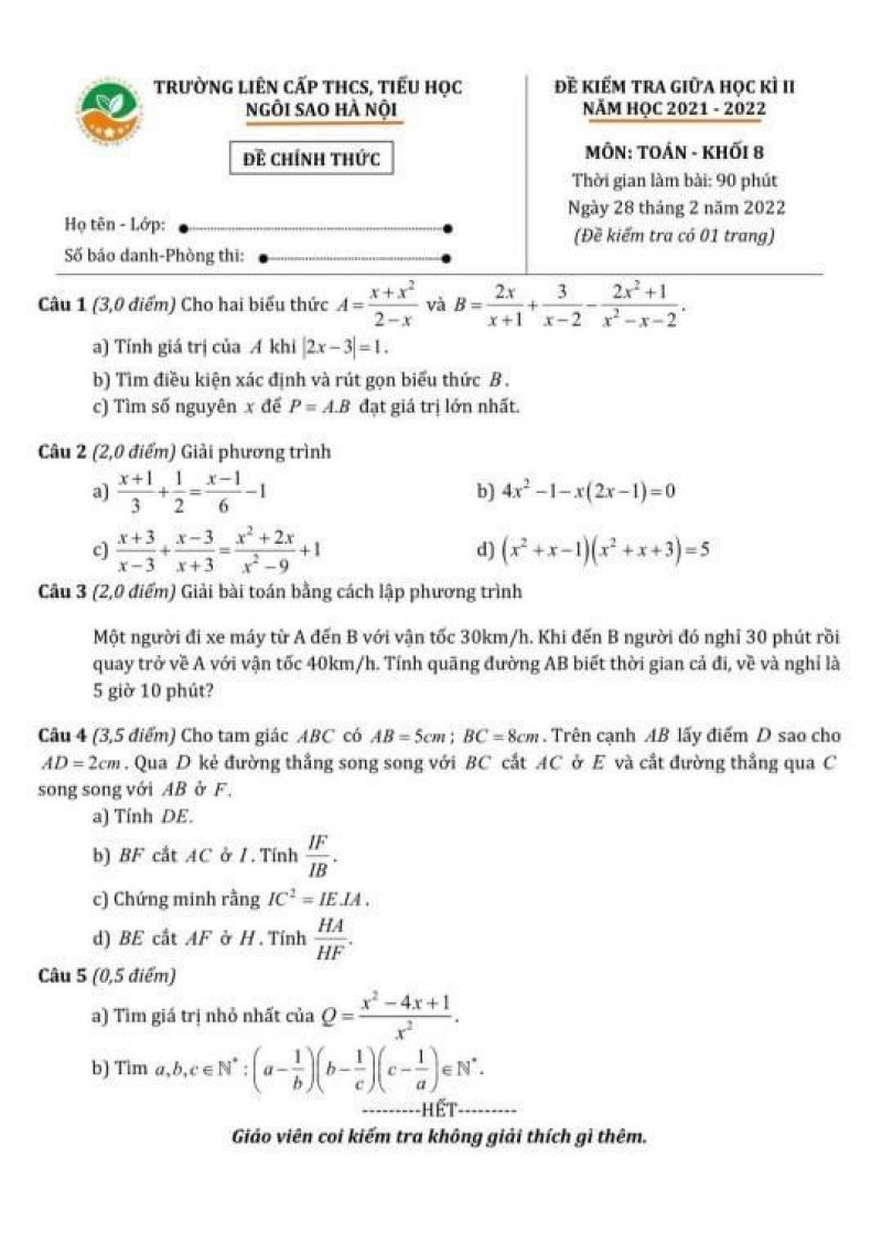 Đề kiểm tra giữa học kì II môn Toán khối 8 Trường Liên cấp THCS, Tiểu học Ngôi sao Hà Nội, năm 2022
