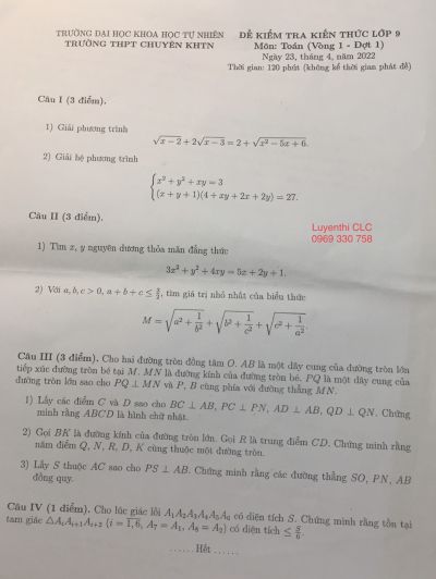 Đề kiểm tra kiến thức lớp 9 môn Toán Vòng 1 Đợt 1 Trường THPT CHUYÊN KHTN, Hà Nội năm 2022