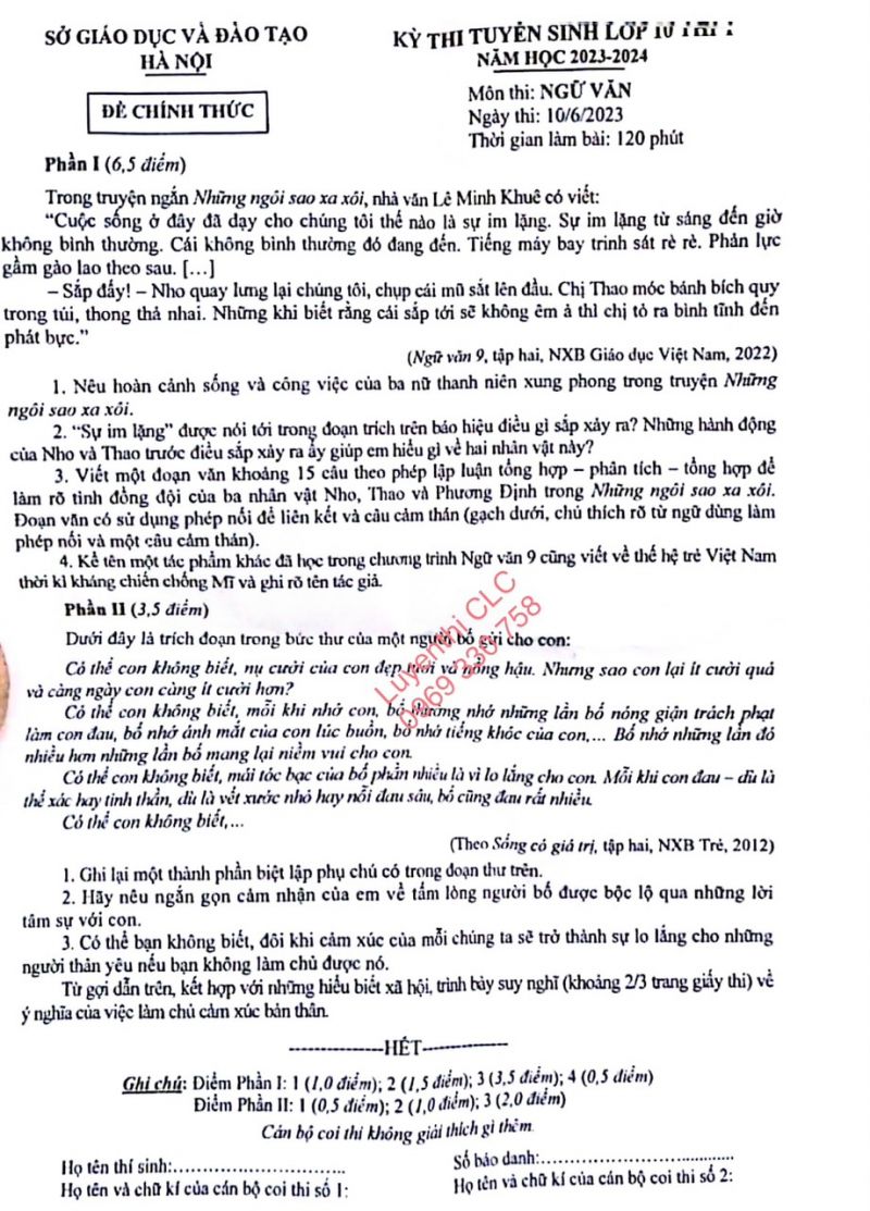 Đề thi tuyển sinh vào lớp 10 THPT và đáp án môn Ngữ Văn tại Hà Nội năm 2023