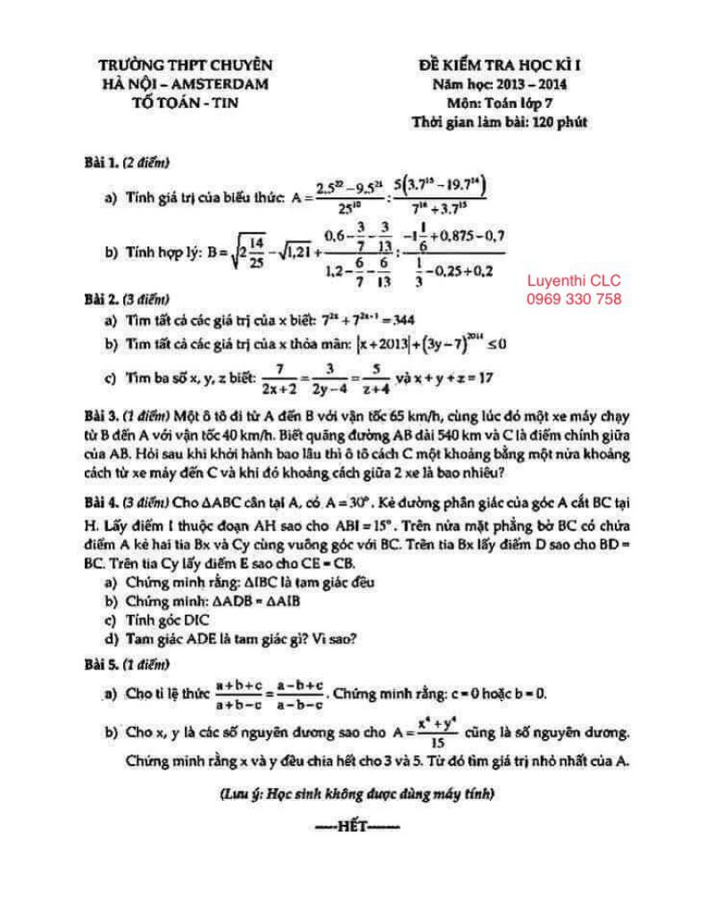 Đề kiểm tra học kì I môn Toán lớp 7 Trường THPT CHUYÊN Amsterdam năm 2013