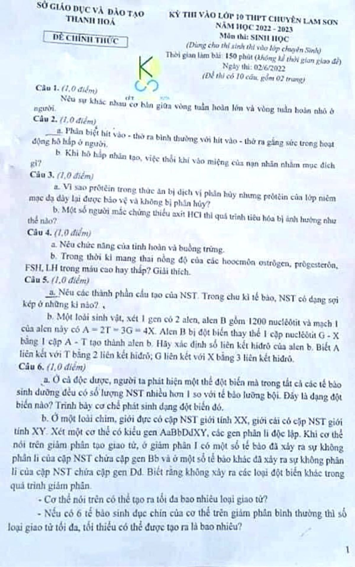 Đề thi tuyển sinh vào lớp 10 THPT môn Sinh học Trường THPT Chuyên Lam Sơn tỉnh Thanh Hóa năm 2022