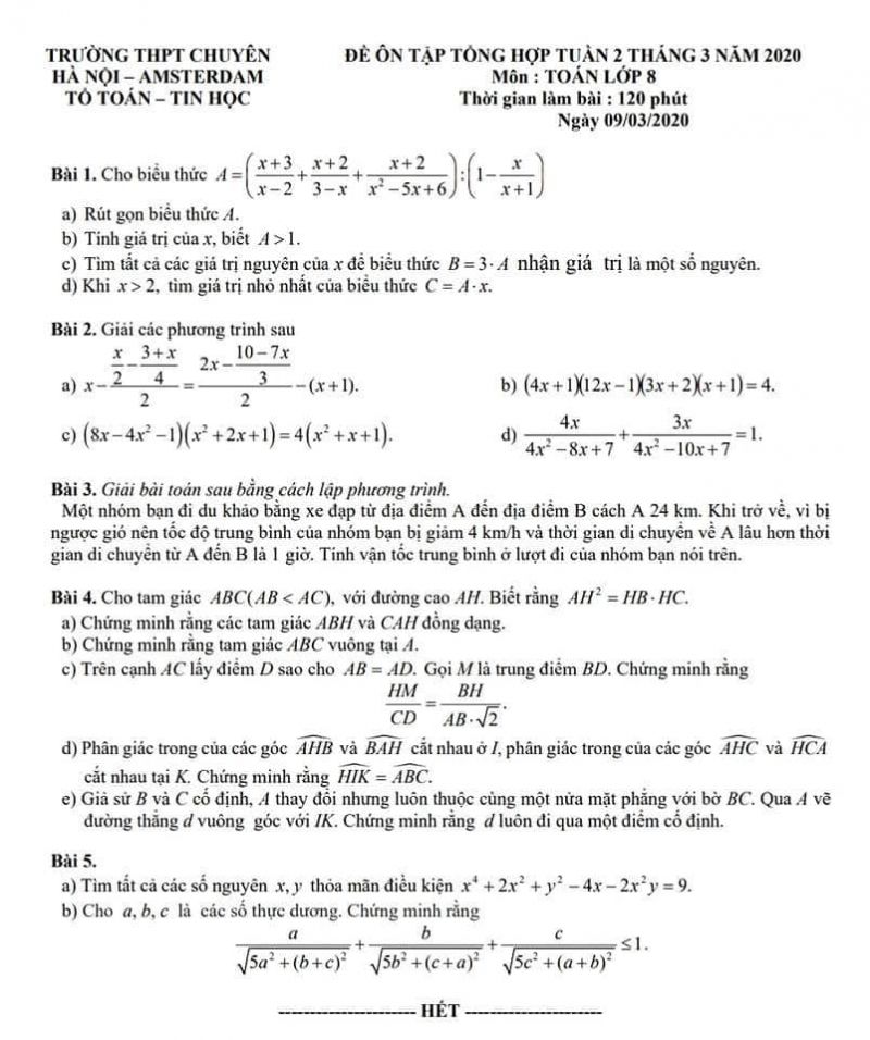 Đề &ocirc;n tập tổng hợp tuần 2 th&aacute;ng 3 năm 2020 m&ocirc;n To&aacute;n lớp 8 Trường THPT CHUY&Ecirc;N H&agrave; Nội - Amsterdam