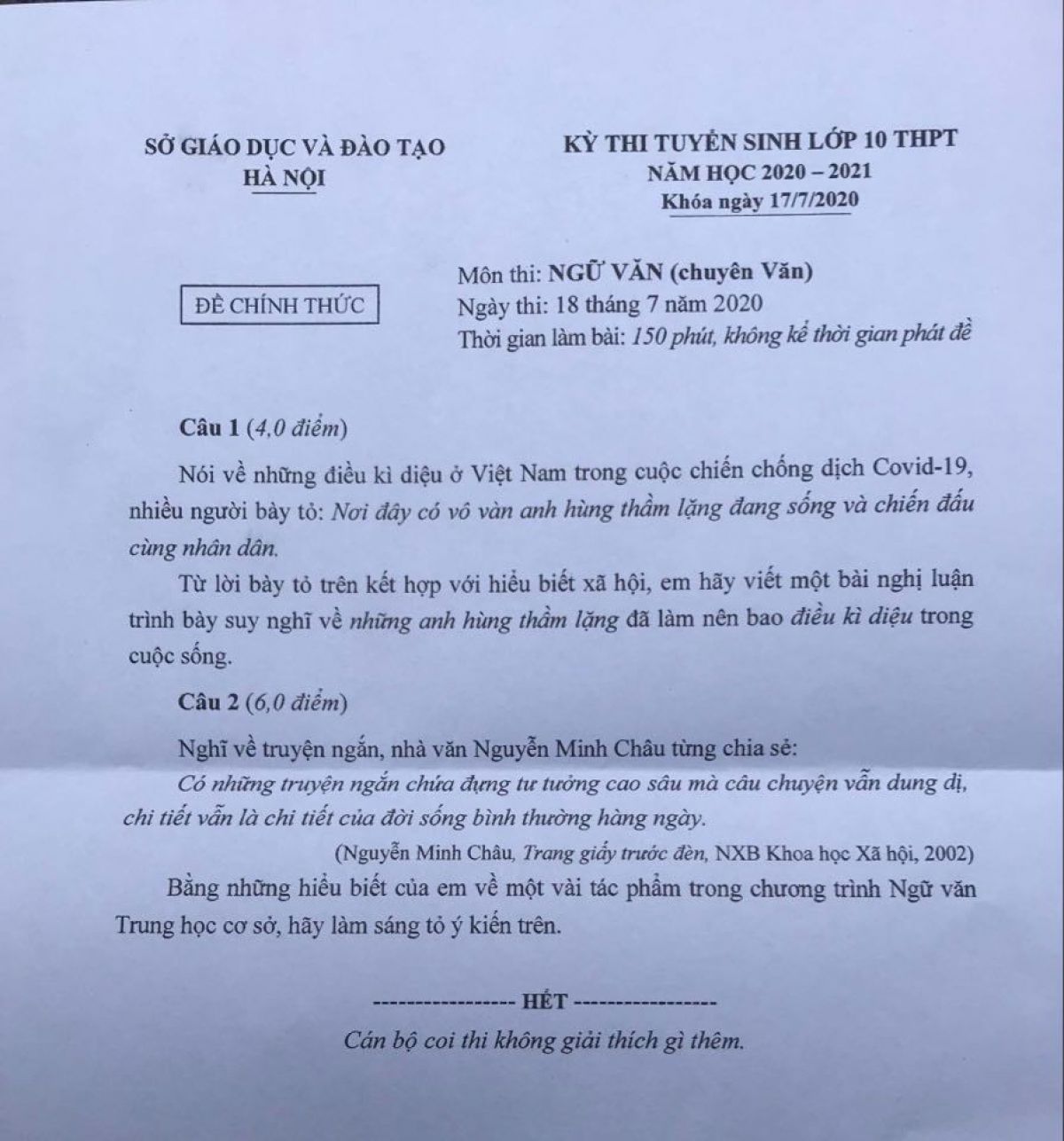 Đề thi tuyển sinh v&agrave;o lớp 10 THPT CHUY&Ecirc;N m&ocirc;n Ngữ Văn tại H&agrave; Nội kh&oacute;a ng&agrave;y 17/7/2020