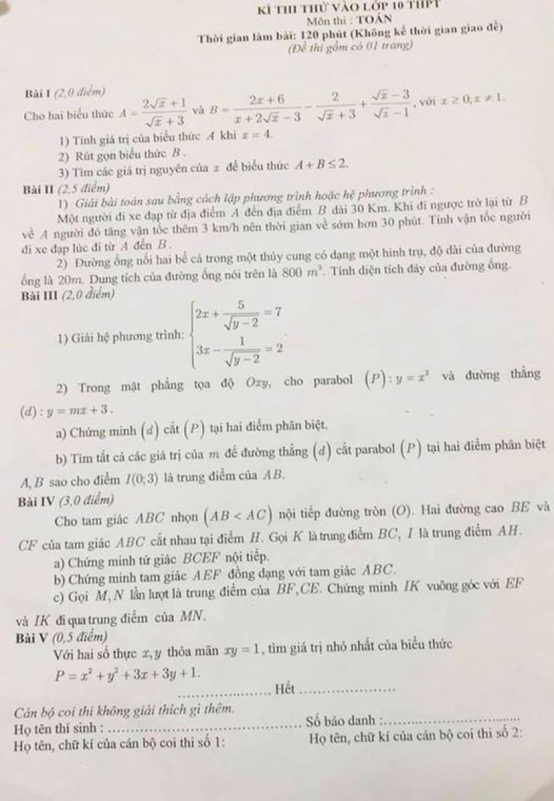 Đề thi thử vào lớp 10 THPT môn Toán