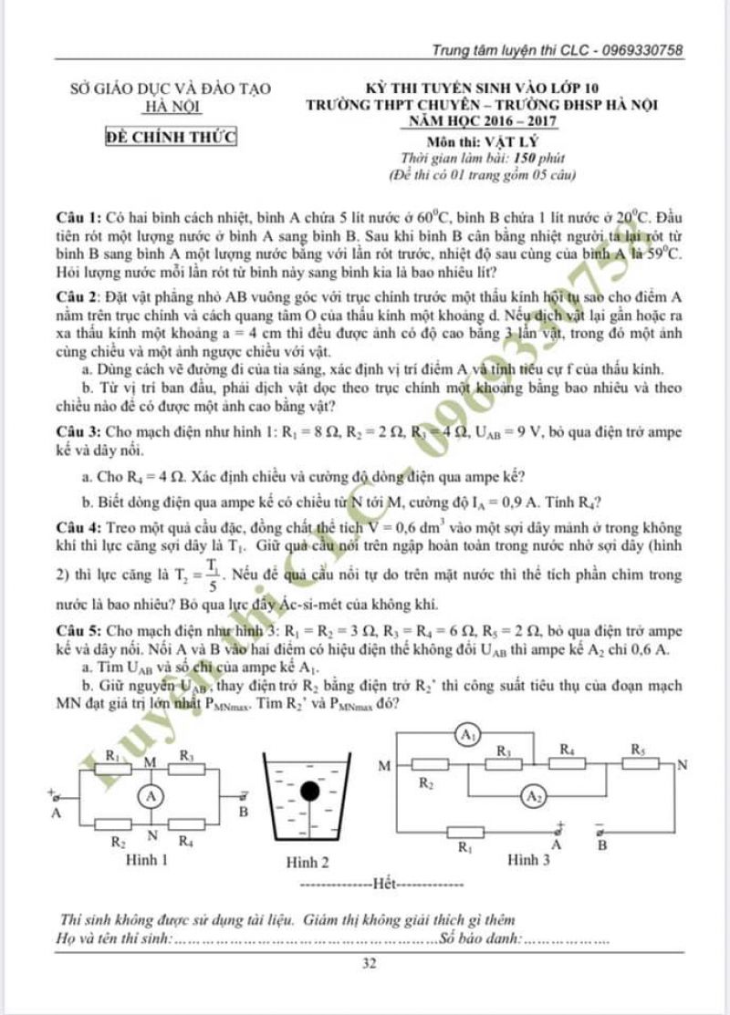 Đề thi và đáp án môn Lý - tuyển sinh vào lớp 10 THPT chuyên ĐHSP Hà Nội năm 2016- 2017