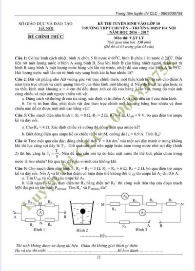 Đề thi và đáp án môn Lý - tuyển sinh vào lớp 10 THPT chuyên ĐHSP Hà Nội năm 2016- 2017