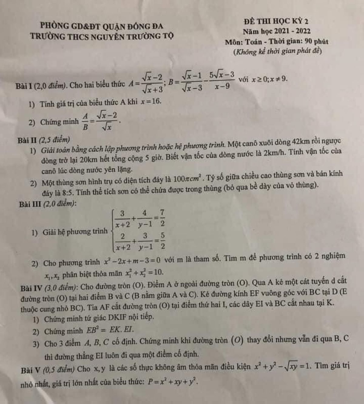 Đề thi học kì 2 môn Toán Trường THCS Nguyễn Trường Tộ, quận Đống Đa, Hà Nội năm 2022