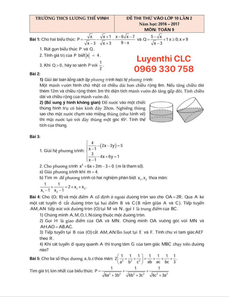 Đề thi thử: tuyển sinh v&agrave;o lớp 10 THPT Lương Thế Vinh - H&agrave; Nội
