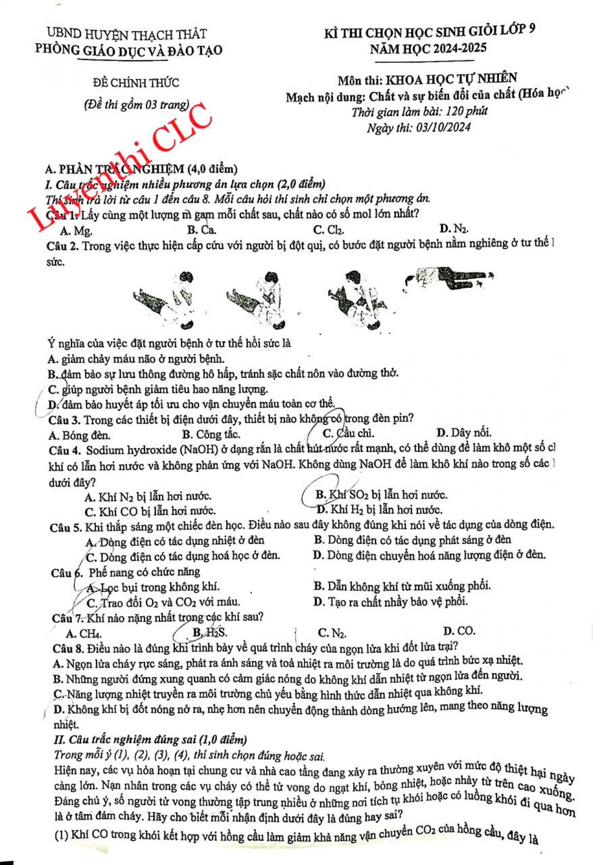 Đề thi chọn HSG lớp 9 m&ocirc;n KHTN ( H&oacute;a học) huyện Thạch Thất năm 2024-2025