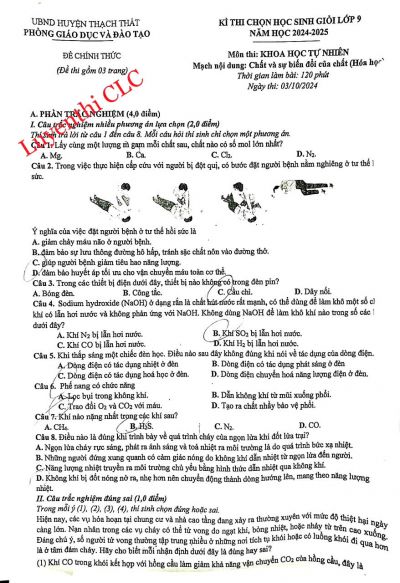 Đề thi chọn HSG lớp 9 môn KHTN ( Hóa học) huyện Thạch Thất năm 2024-2025