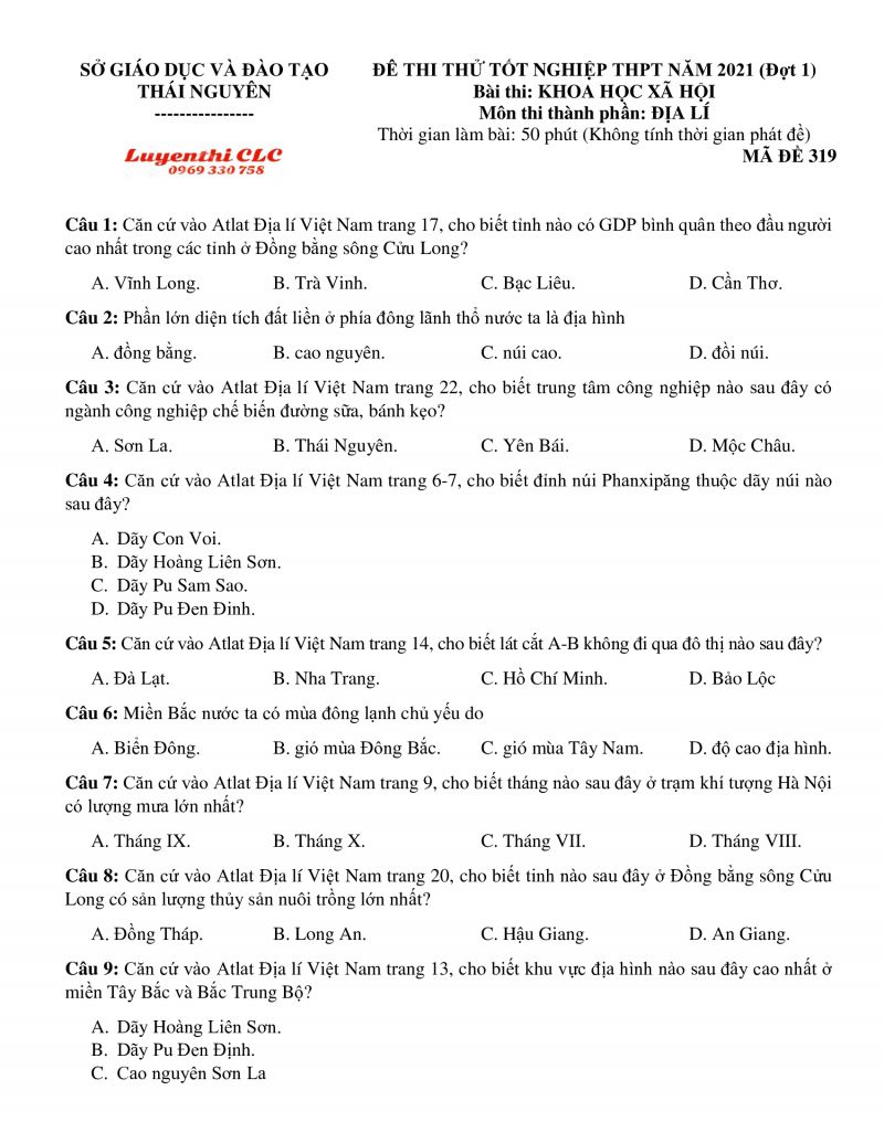 Đề thi thử tốt nghiệp THPT m&ocirc;n Địa L&iacute; tỉnh Th&aacute;i Nguy&ecirc;n năm 2021