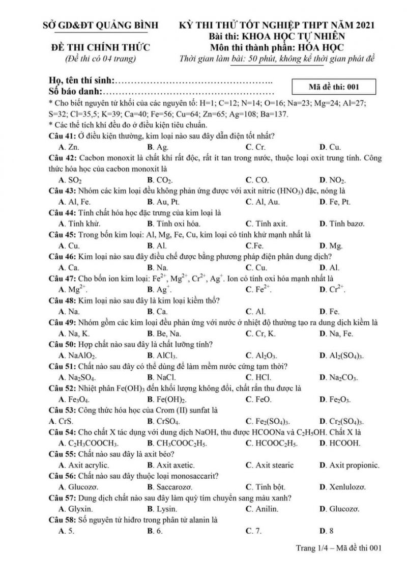 Đề thi thử tốt nghiệp THPT môn Hóa Học tỉnh Quảng Bình năm 2021