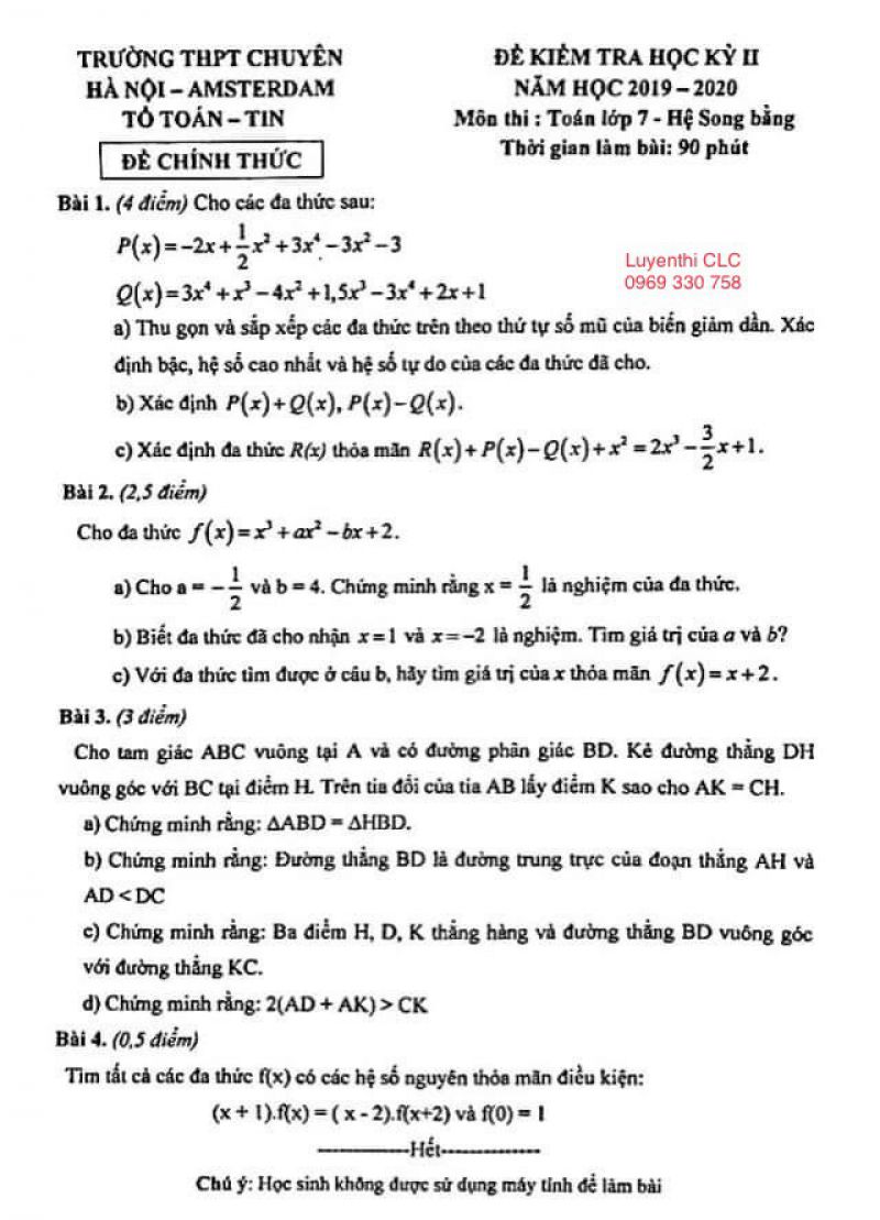 Đề kiểm tra học kì II môn Toán lớp 7 Trường THPT CHUYÊN HÀ NỘI - AMSTERDAM năm 2019