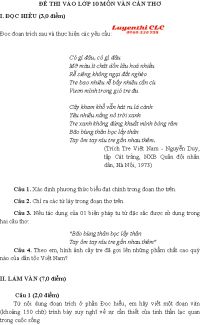Đề thi tuyển sinh v&agrave;o lớp 10 m&ocirc;n Ngữ Văn tại Cần Thơ 2019