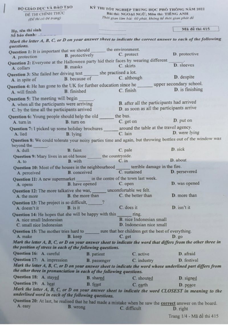 Đề thi tốt nghiệp THPT Quốc Gia môn Tiếng Anh năm 2022, Mã đề 415