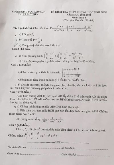 Đề kiểm tra chất lượng HSG môn Toán lớp 8 thị xã Duy Tiên, tỉnh Hà Nam năm 2022