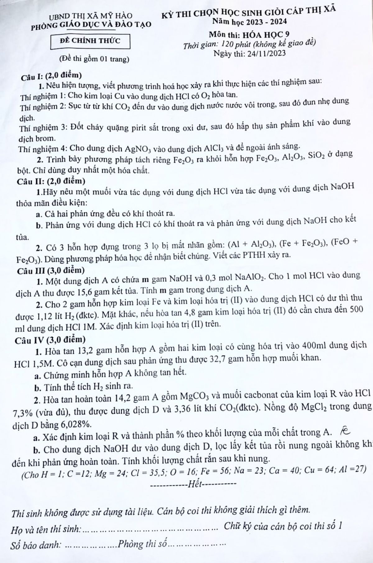 Đề thi chọn HSG m&ocirc;n H&oacute;a Học lớp 9 thị x&atilde; Mỹ H&agrave;o tỉnh Hưng Y&ecirc;n năm 2023