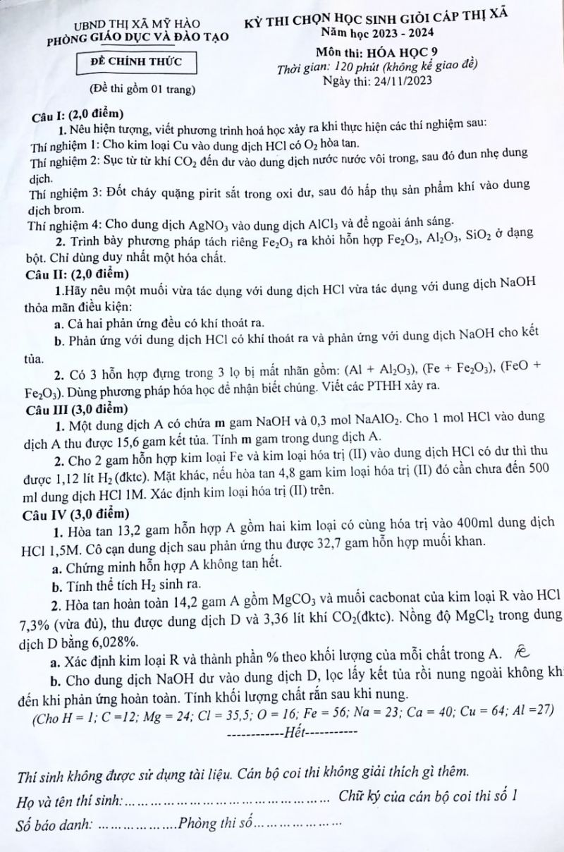 Đề thi chọn HSG môn Hóa Học lớp 9 thị xã Mỹ Hào tỉnh Hưng Yên năm 2023