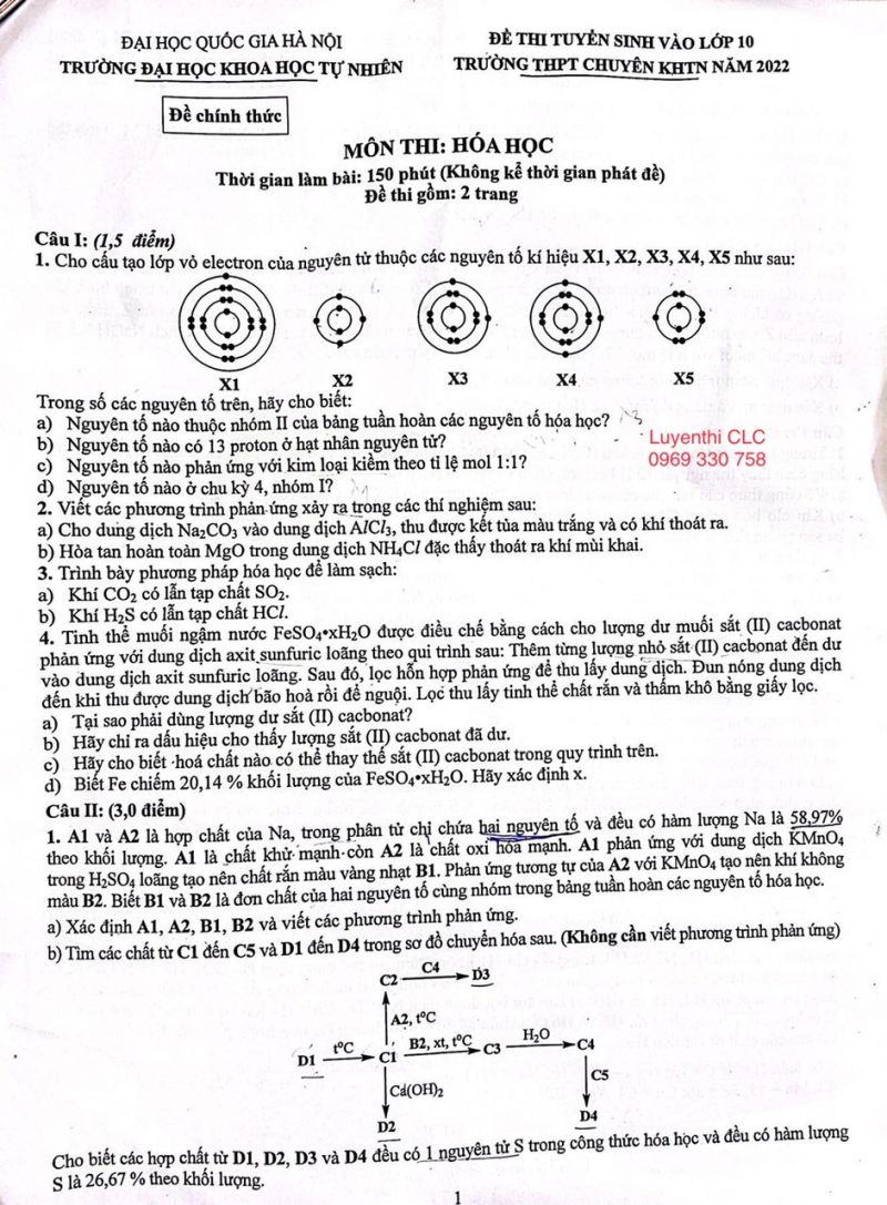 Đề thi tuyển sinh vào lớp 10 THPT CHUYÊN môn Hóa Học Trường Đại học KHTN Hà Nội năm 2022