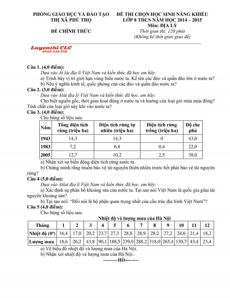 Đề thi chọn học sinh năng khiếu lớp 8 THCS v&agrave; đ&aacute;p &aacute;n m&ocirc;n Địa L&yacute; Ph&uacute; Thọ năm 2014