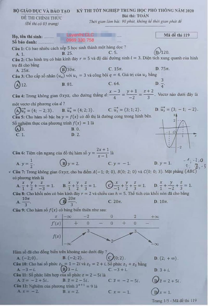 Đề thi tốt nghiệp THPT môn Toán năm 2020
