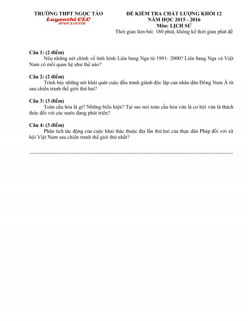 Đề kiểm tra chất lượng khối 12 m&ocirc;n Lịch Sử Trường THPT Ngọc Tảo, H&agrave; Nội năm 2015