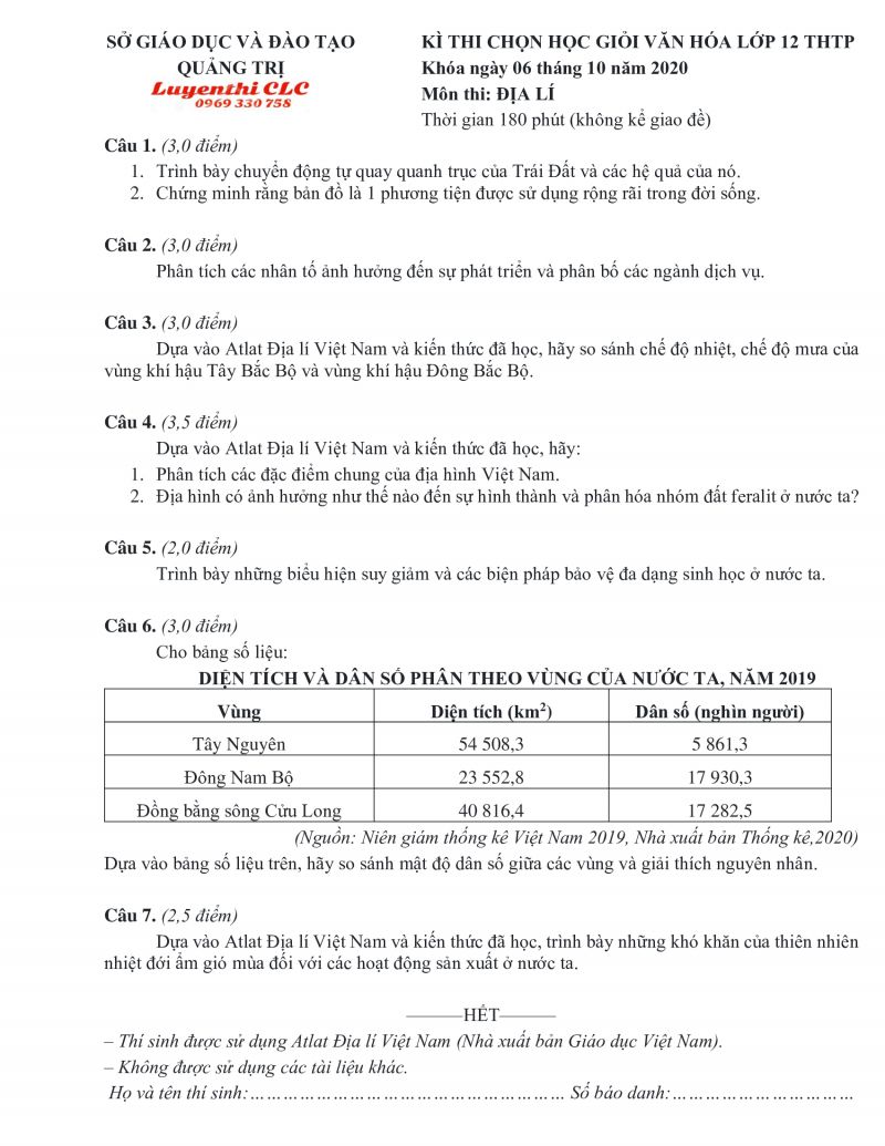 Đề thi chọn HSG văn hóa lớp 12 THPT môn Địa Lí tỉnh Quảng Trị năm 2020