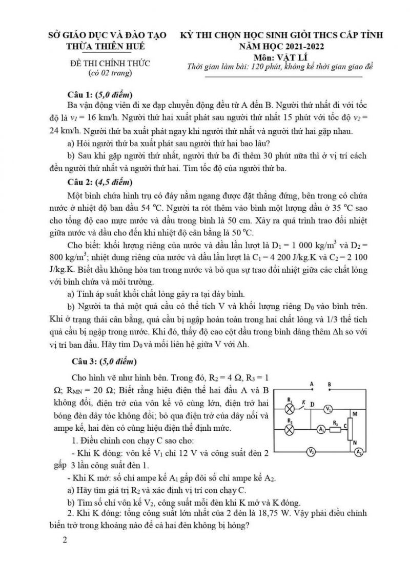 Đề thi chọn HSG môn Vật Lí cấp THCS tỉnh Thừa Thiên Huế năm 2022
