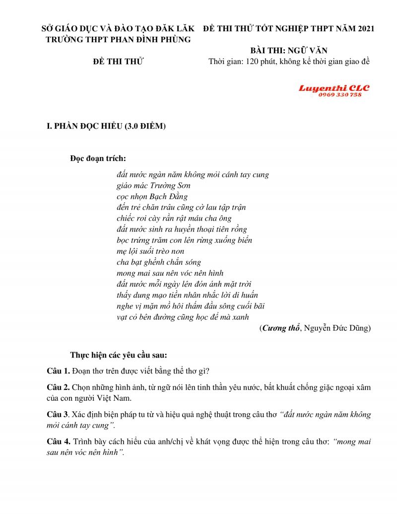 Đề thi thử THPT Quốc Gia m&ocirc;n Ngữ Văn Trường THPT Phan Đ&igrave;nh Ph&ugrave;ng, tỉnh Đắk Lắk năm 2021
