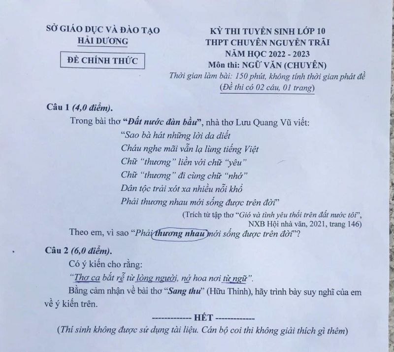 Đề thi tuyển sinh vào lớp 10 môn Ngữ Văn Trường THPT CHUYÊN Nguyễn Trãi tỉnh Hải Dương năm 2022