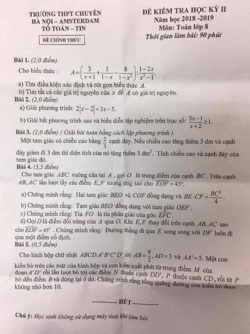 Đề kiểm tra học k&igrave; II m&ocirc;n To&aacute;n lớp 8 Trường THPT CHUY&Ecirc;N H&agrave; Nội - Amsterdam năm 2018
