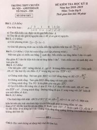 Đề kiểm tra học kì II môn Toán lớp 8 Trường THPT CHUYÊN Hà Nội - Amsterdam năm 2018