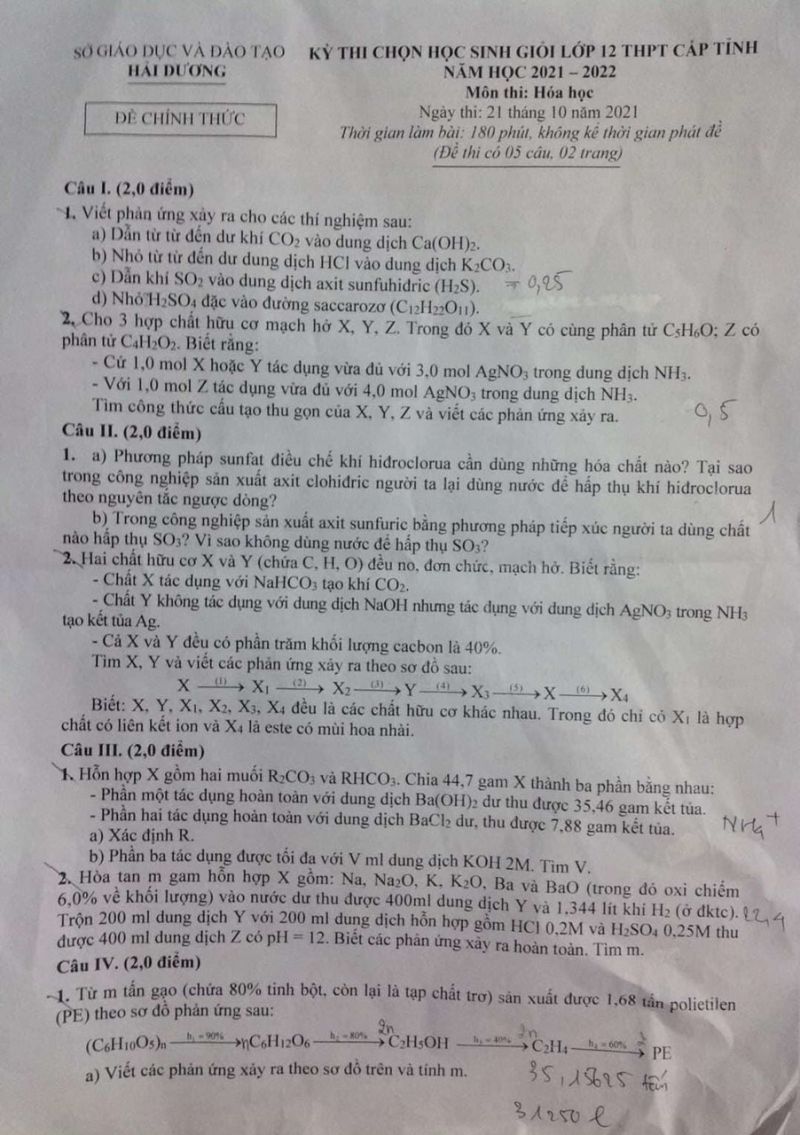 Đề thi chọn HSG m&ocirc;n H&oacute;a Học lớp 12 THPT tỉnh Hải Dương năm 2021