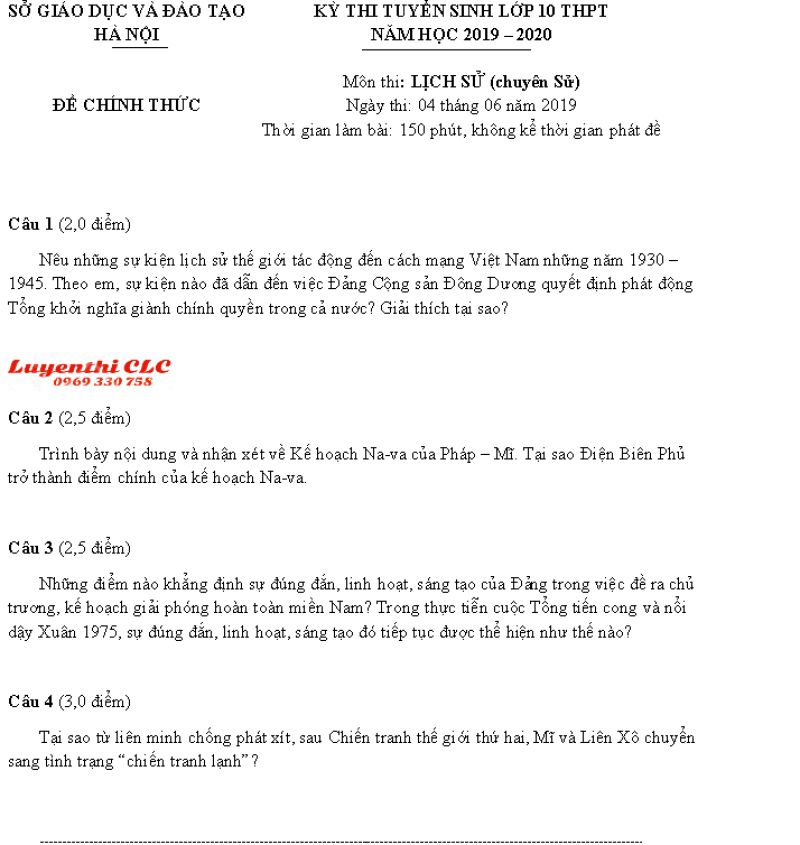 Đề thi tuyển sinh v&agrave;o lớp 10 THPT m&ocirc;n Lịch Sử năm 2019 H&agrave; Nội
