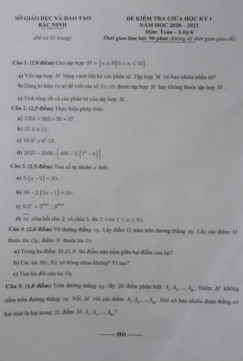 Đề kiểm tra giữa học kì I môn Toán lớp 6 tỉnh Bắc Ninh năm 2020