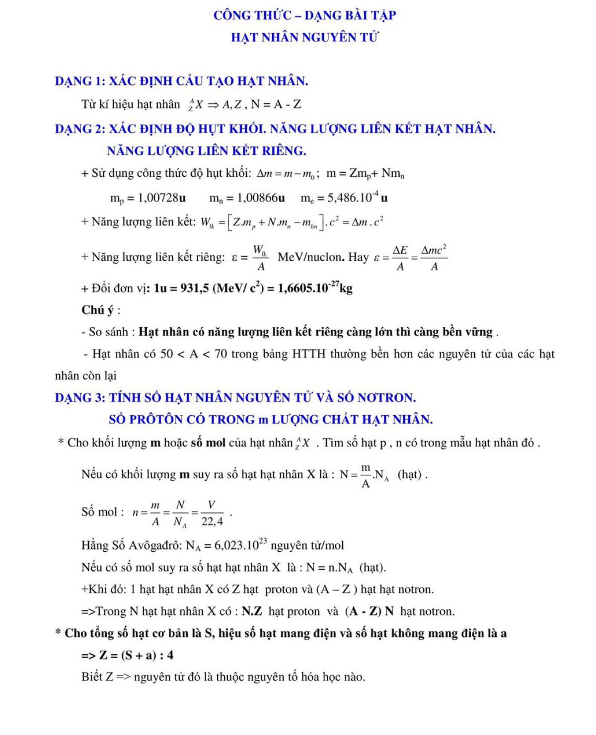 Công thức - Dạng bài tập: Hạt nhân nguyên tử