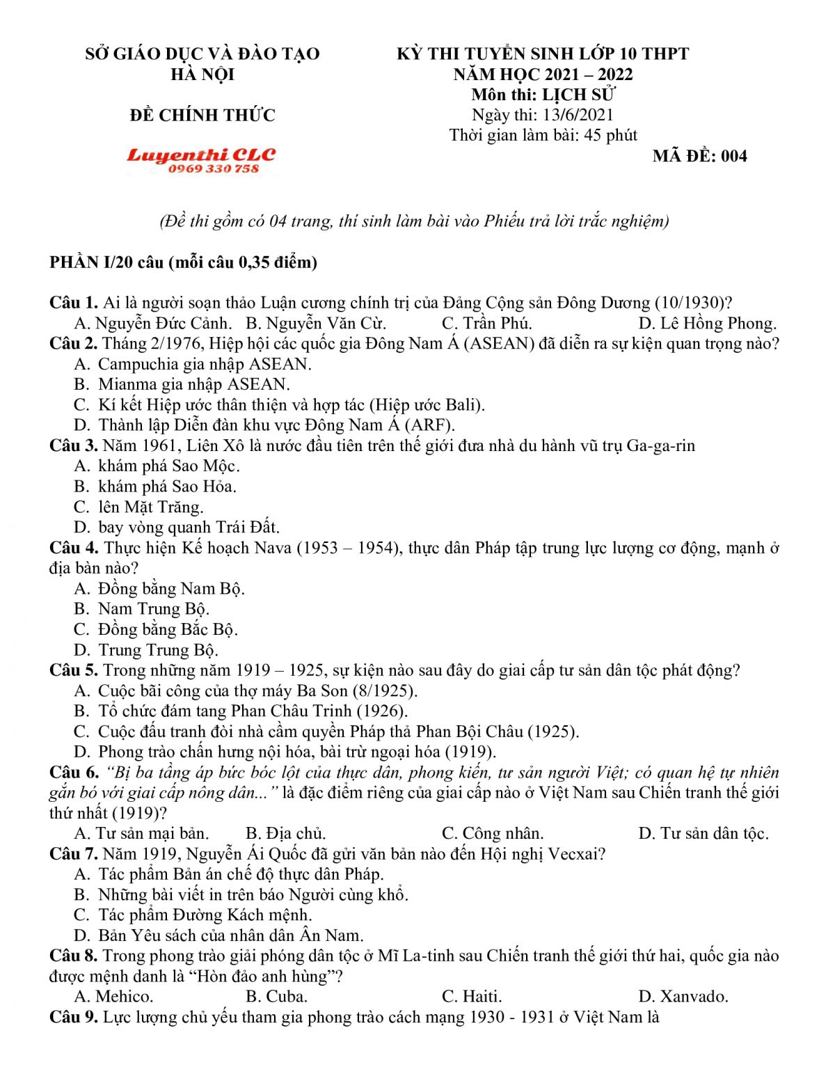 Đề thi tuyển sinh v&agrave;o lớp 10 THPT m&ocirc;n Lịch Sử tại H&agrave; Nội năm 2021