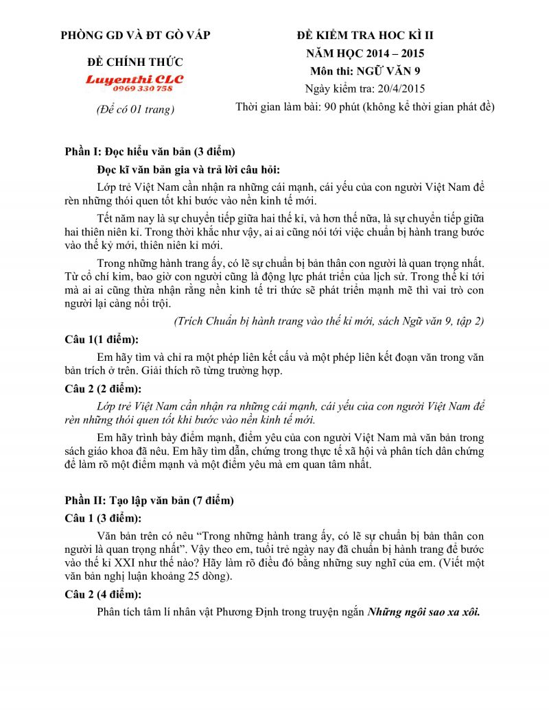 Đề kiểm tra học k&igrave; II m&ocirc;n Ngữ Văn huyện G&ograve; Vấp, Th&agrave;nh phố Hồ Ch&iacute; Minh năm 2015