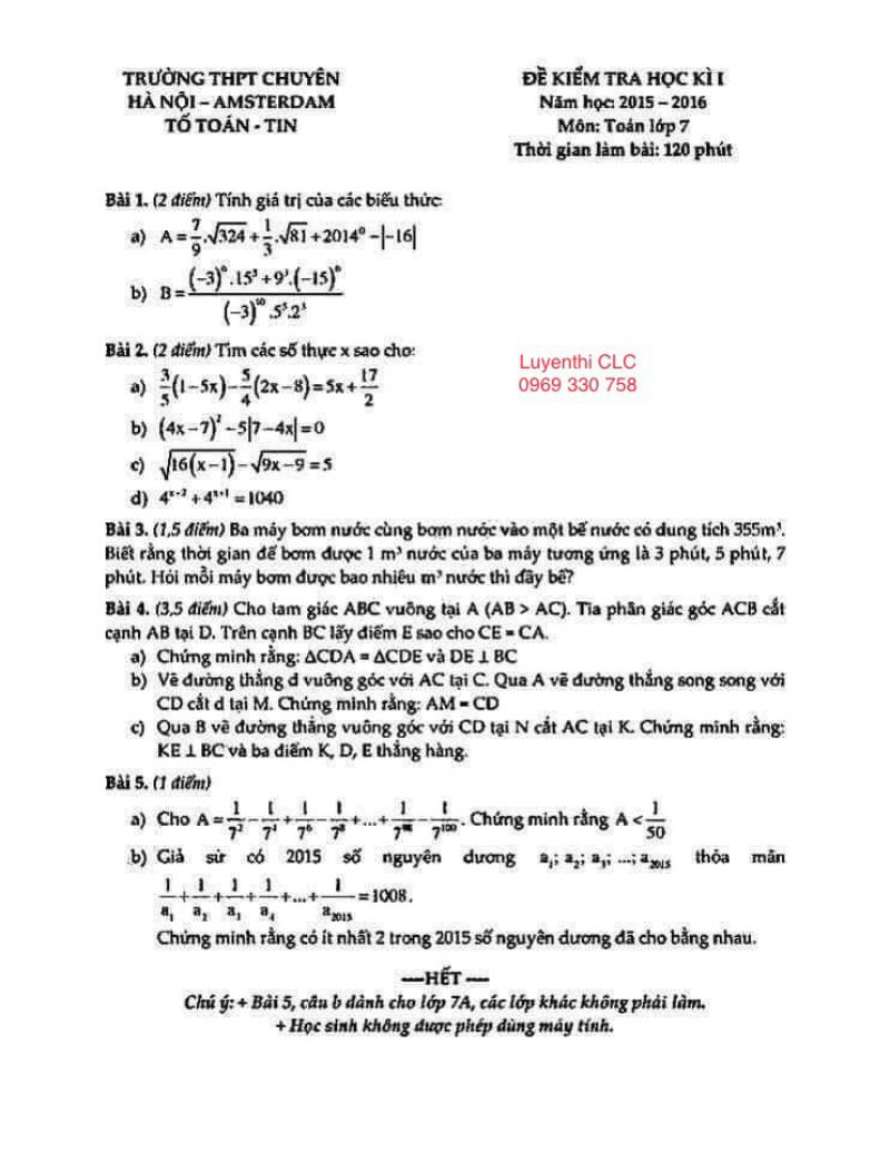 Đề kiểm tra học kì I môn Toán lớp 7 Trường THPT CHUYÊN Amsterdam năm 2015