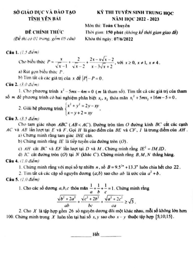Đề thi tuyển sinh trung học môn Toán Chuyên tỉnh Yên Bái năm 2022