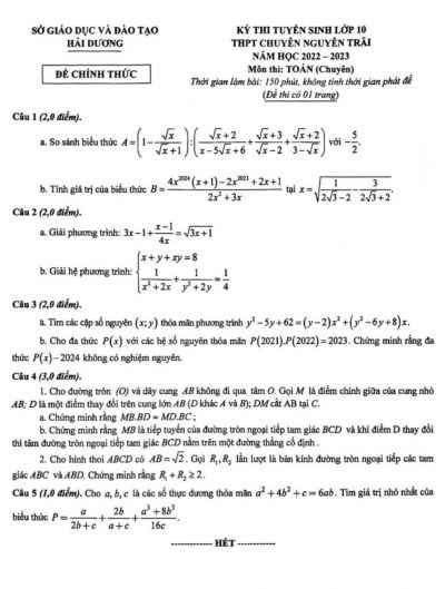 Đề thi tuyển sinh vào lớp 10 THPT môn Toán Trường THPT CHUYÊN Nguyễn Trãi tỉnh Hải Dương năm 2022