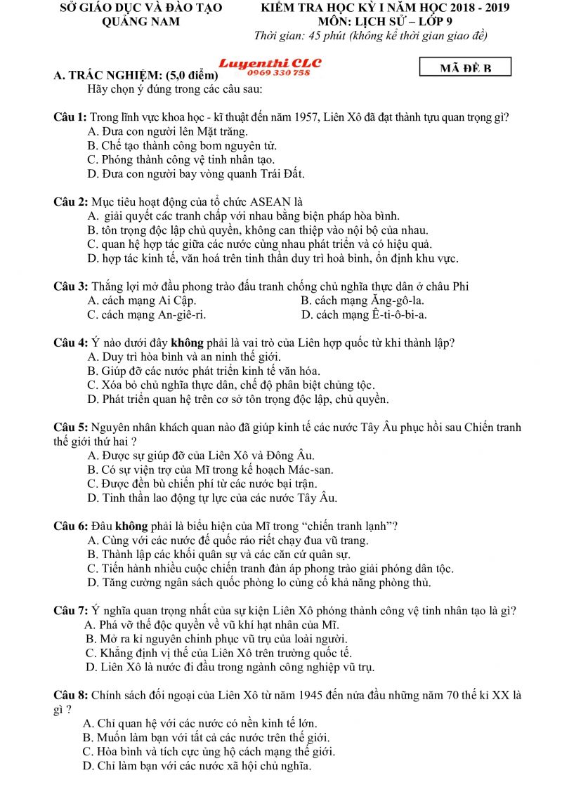 Đề kiểm tra học kì I  và đáp án môn Lịch Sử lớp 9 tỉnh Quảng Nam năm 2018
