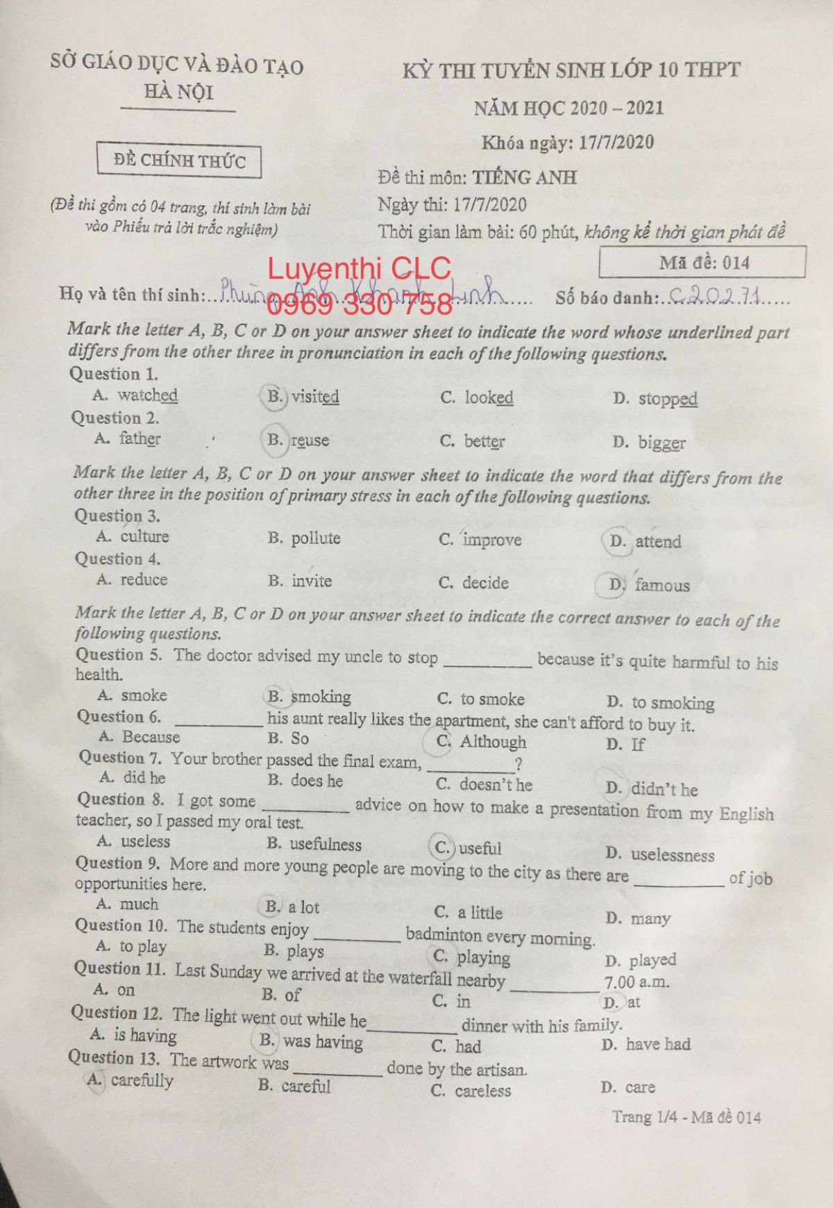 Đề thi m&ocirc;n Tiếng Anh (điều kiện) - tuyển sinh v&agrave;o lớp 10 THPT th&agrave;nh phố H&agrave; Nội năm 2020 (thi chiều ng&agrave;y 17/7/2020)