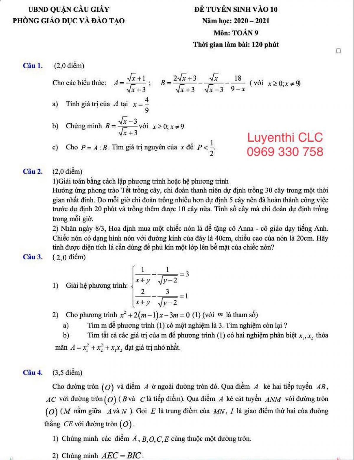 Đề thi tuyển sinh v&agrave;o lớp 10 m&ocirc;n TO&Aacute;N 9 Cầu Giấy - H&agrave; Nội năm 2020